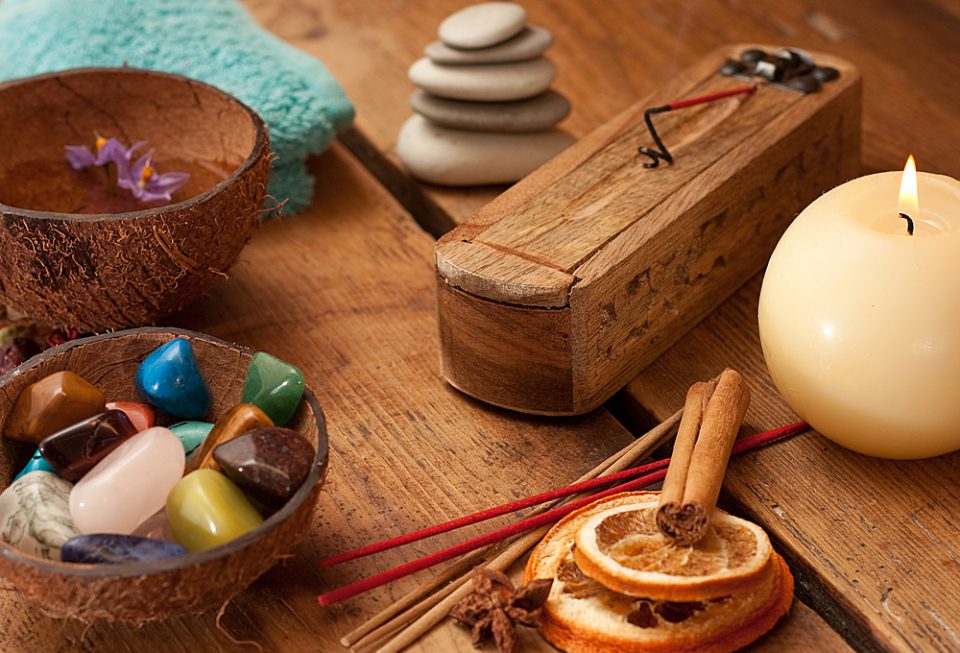 Semi,Precious,Stones,And,Aromatic,Sticks,Set,Up.